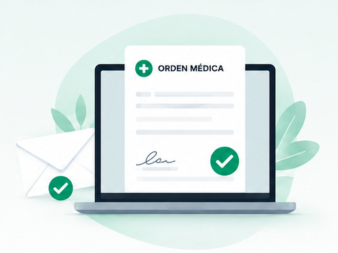 Laptop mostrando una orden médica digital firmada, con un sobre de correo